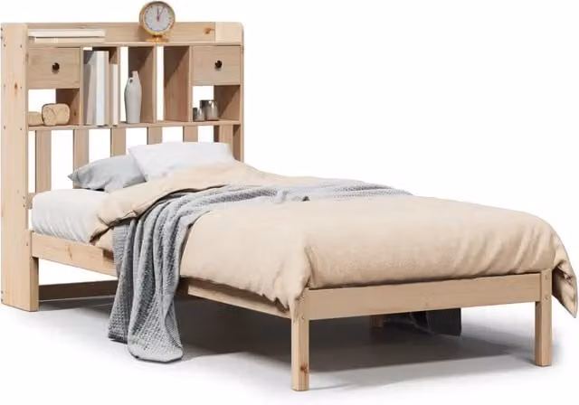 Letto singolo per adulti in legno massello di pino con libreria integrata e ripiani laterali, stile rustico, L/P/H: 200 x 90 x 110 cm