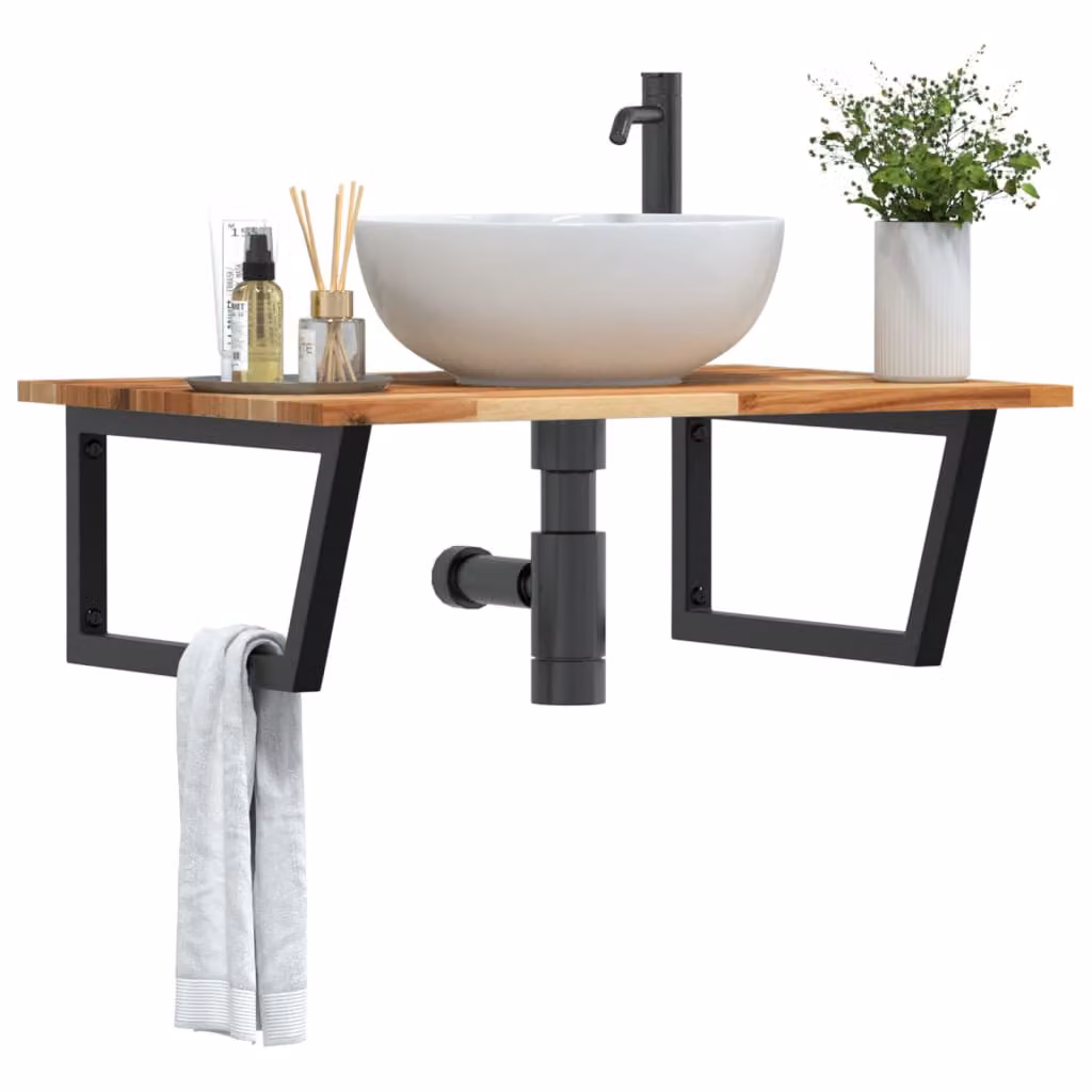 vidaXL Ripiano da Parete per Lavabo in Acciaio e Legno di Acacia Oliato, Nero e Marrone