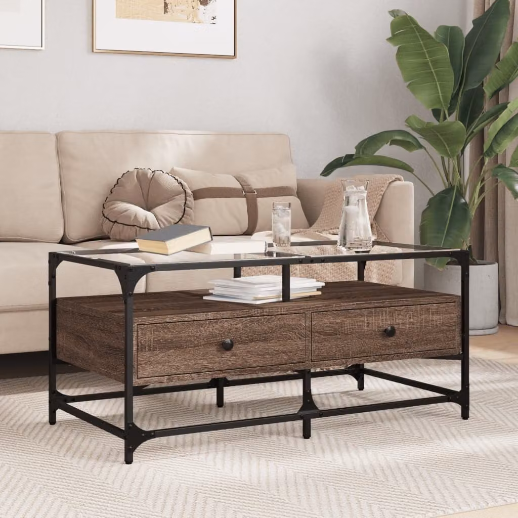 Maison Exclusive - Tavolino con piano in vetro, finitura effetto legno di quercia marrone, acciaio, 98,5x50x45 cm