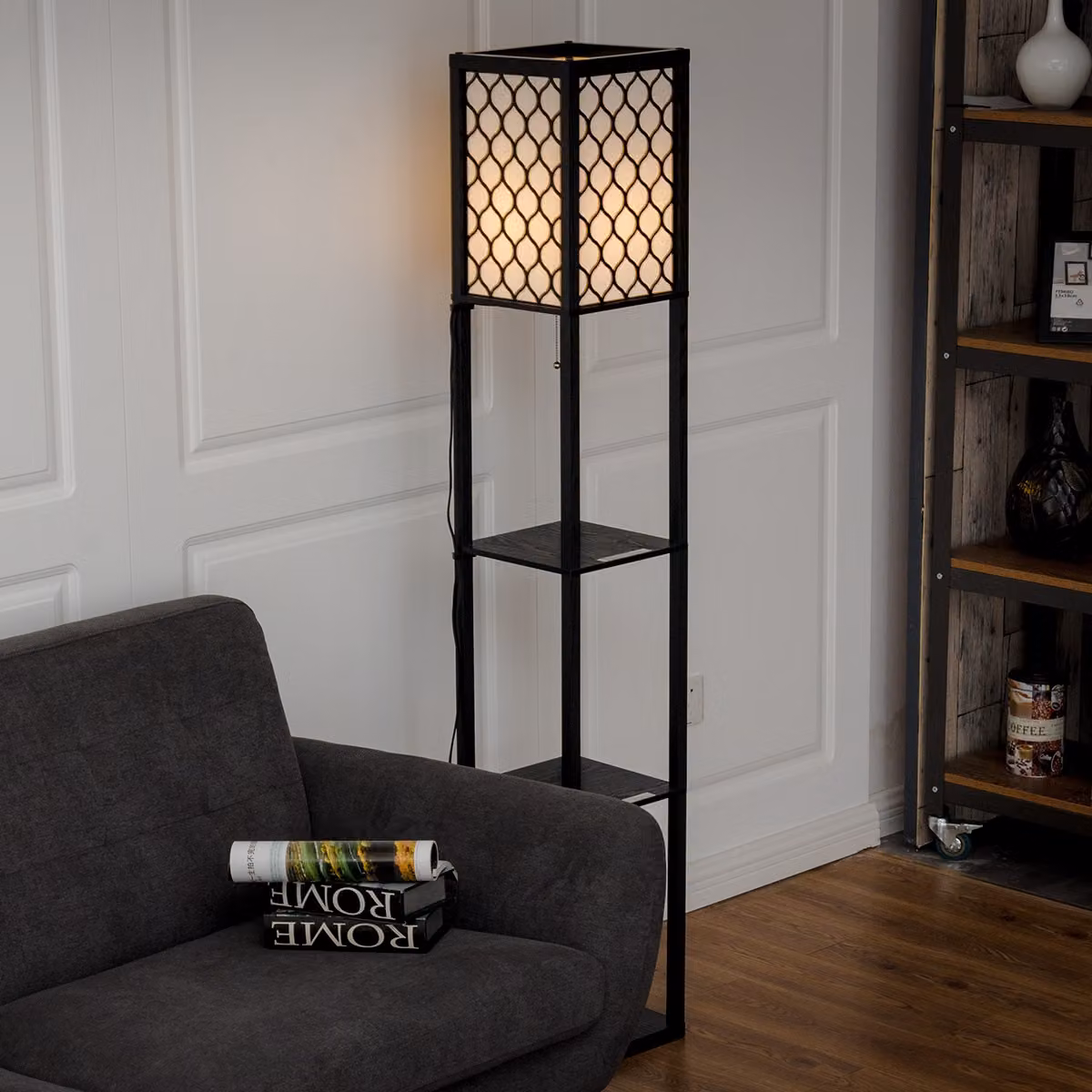 Costway Lampada da terra con scaffale in legno e metallo, Organizer moderno per salotto, camera da letto o ufficio, Nero