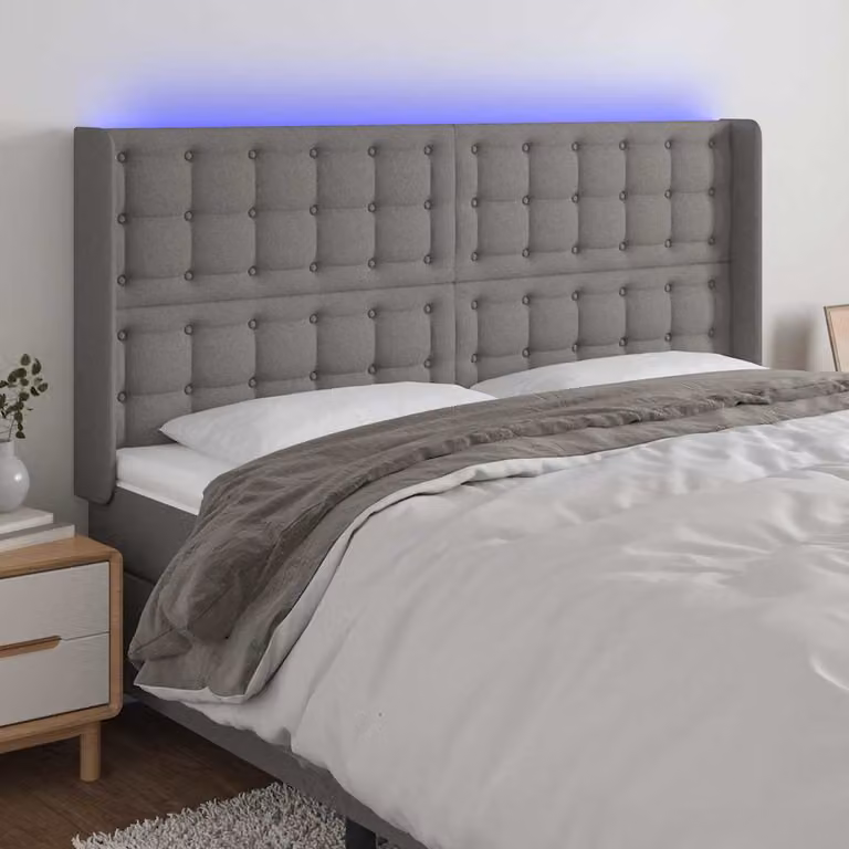 Testiera con LED e porte USB vidaXL in tessuto grigio, L: 203 cm, P: 16 cm, H: 118 cm