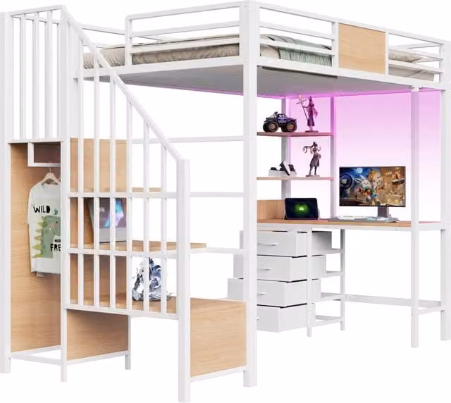 Letto a soppalco singolo bianco con scrivania, ripiani, illuminazione LED e porta USB, L/P: 90 x 200 cm