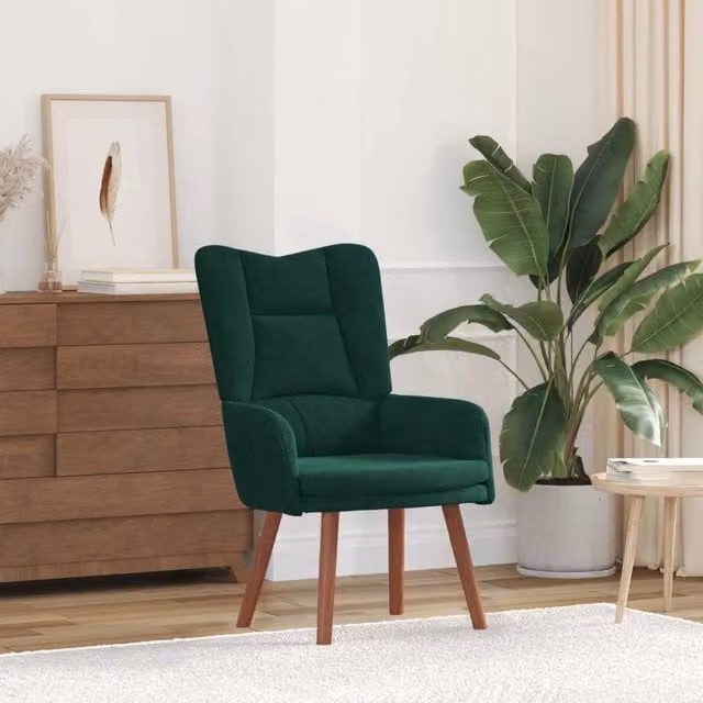 Poltrona relax moderna in velluto verde con braccioli e struttura in legno, L: 63 cm, P: 67 cm, H: 94 cm – 1