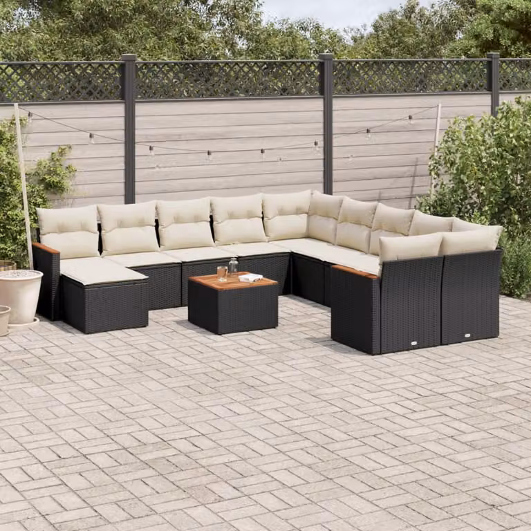 vidaXL Set Divani da Giardino 12 pz a Forma a U in Polyrattan Nero con Cuscini e Tavolino da Esterno