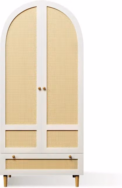 Armadio moderno con ante soft-close e cassetto in MDF e rattan bianco per camera o ingresso, L: 80 cm, P: 50 cm, H: 180 cm