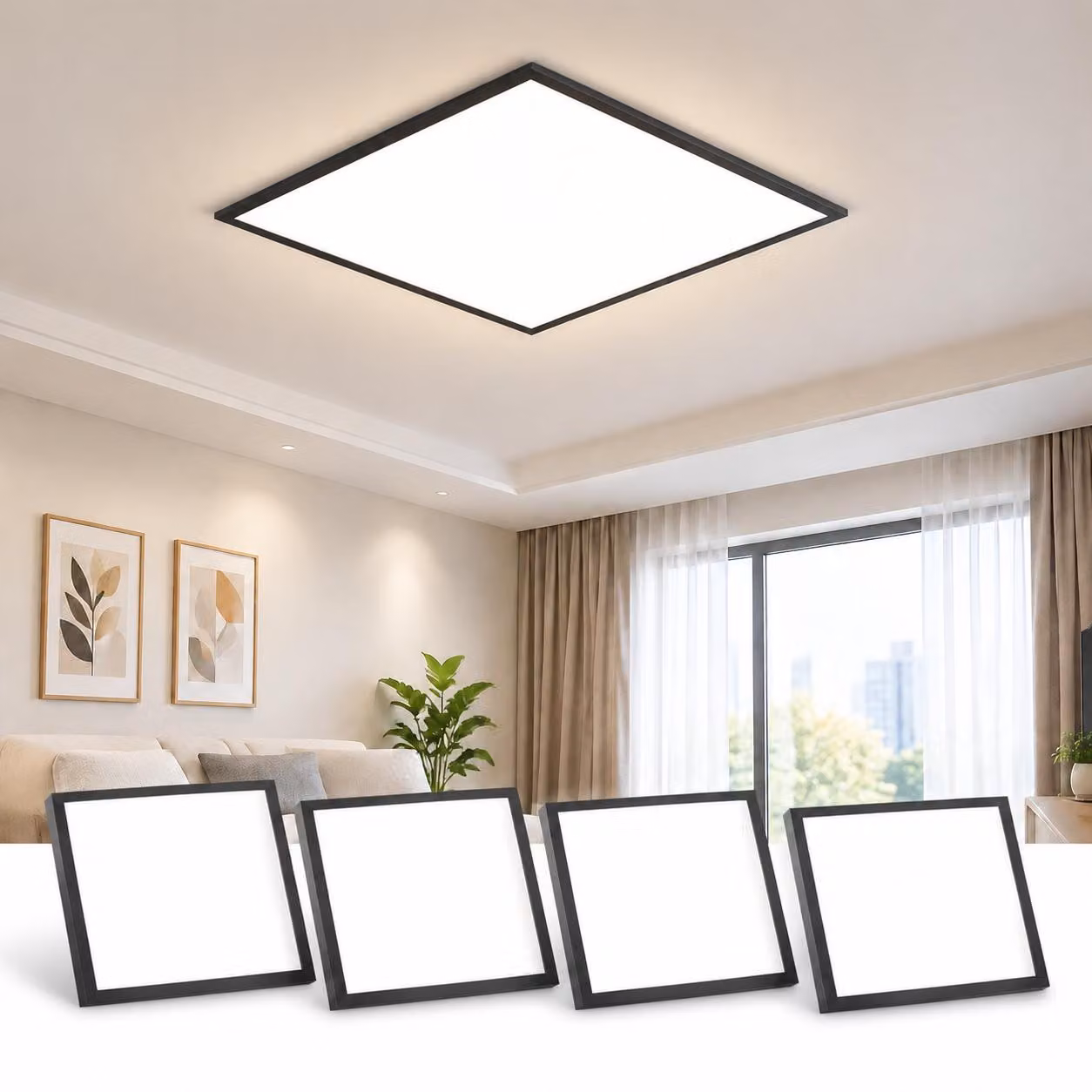 ZMH Pannello LED 4ER, lampada da soffitto 45x45cm, 13,5W, dimmerabile, con telecomando. Lampada per cucina, plafoniera a filo, colore nero. Illuminazione interna per cucina, soggiorno, corridoio