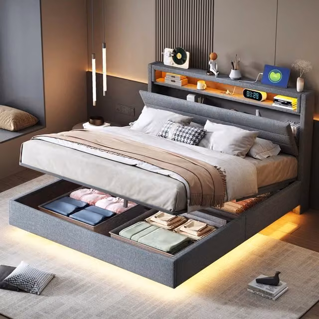 Letto imbottito contenitore 140x200 ¨C Minimal ¨C grigio tessuto con led idraulico