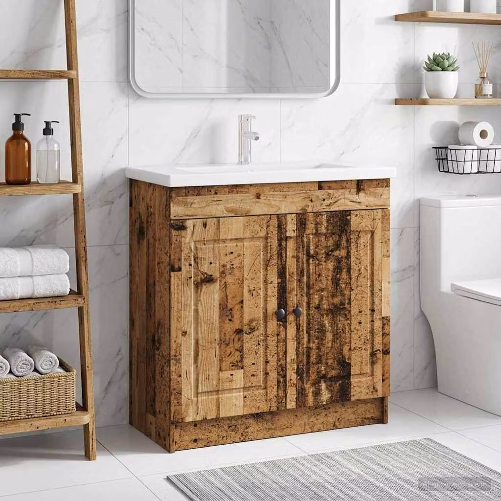 Mobiletto da bagno sotto il lavello vidaXL in legno antico e metallo, colore marrone, con ante a battente e ripiani interni, L/P/H: 81.0 x 37.5 x 78.5 cm