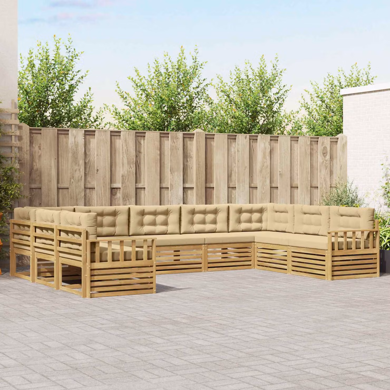vidaXL Set di divani da esterno a L in legno di acacia con cuscini, 9 pezzi, Bianco e Beige