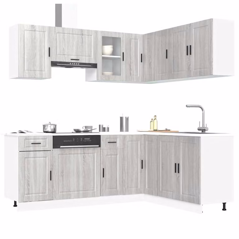 Set di mobili da cucina moderno vidaXL composto da 11 pezzi in colore grigio con finitura opaca e dettagli in legno e vetro