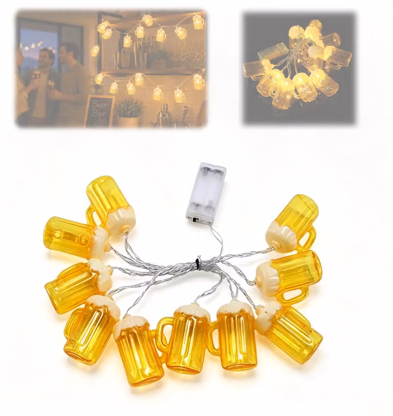 Catena luminosa da 2 metri, con 10 LED, decorata con motivi di boccali di birra, adatta per interni ed esterni