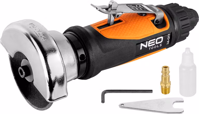 NEO TOOLS Troncatrice pneumatica, lama da 75 mm, pressione massima 6,3 bar, consumo medio di aria 115 l/min, 18.000 giri/min
