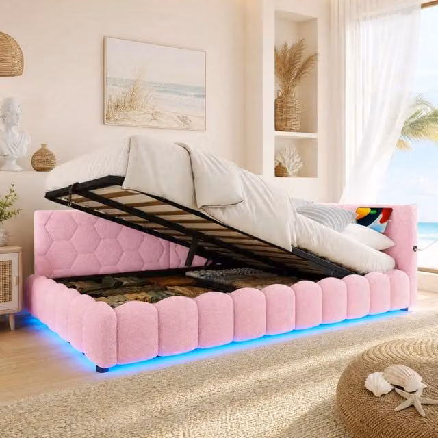 Letto contenitore 140 x 200 cm con LED; USB e Type-C; velluto rosa