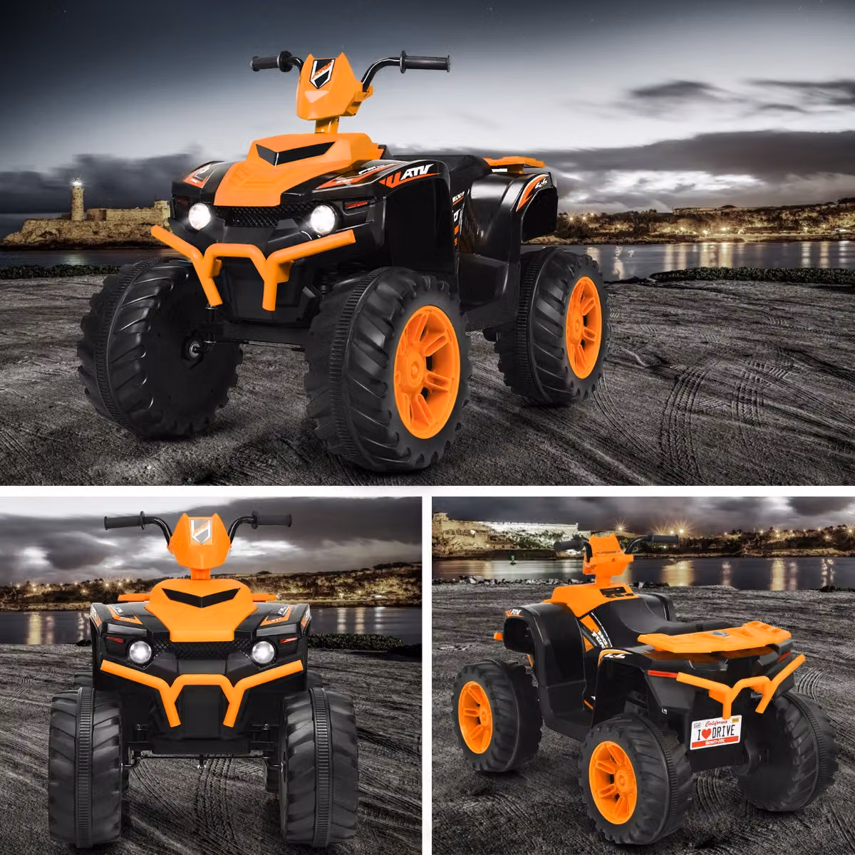 Quad elettrico per bambini Costway 12V con musica e luci LED, arancione, L: 104 cm, P: 67 cm, H: 74 cm