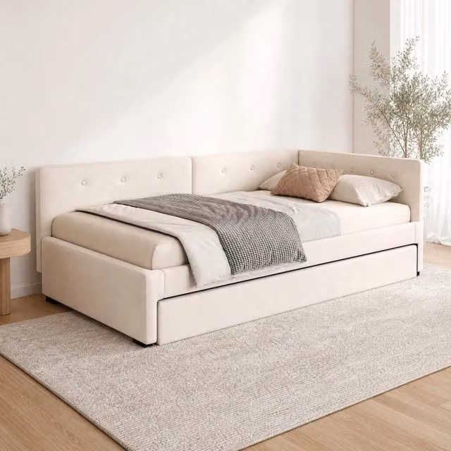 Letto singolo imbottito 90x200 cm con rollbed estraibile; velluto beige