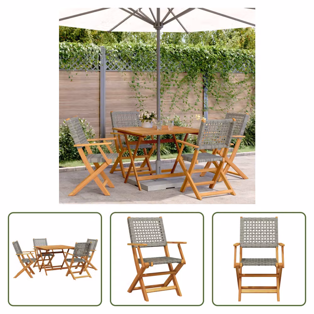 The Living Store Set da pranzo da giardino 5 pezzi in rattan sintetico grigio e legno massello