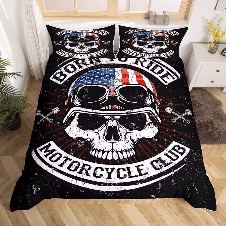 Solidchoice - Set di lenzuola e copripiumino a tema biker retrò per bambini, con motivo scheletrico