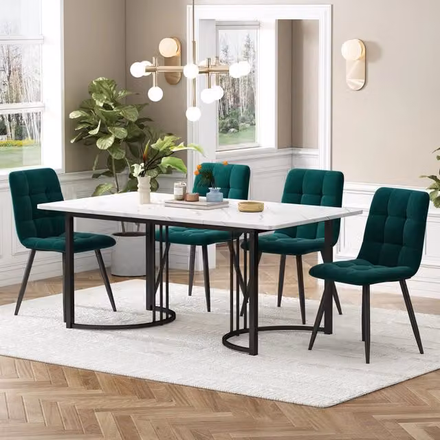 Tavolo da Pranzo Allungabile con 4 Sedie ¨C MINIMAL ¨C Piano MDF Bianco, Gambe Metallo Nero, Velluto Verde Scuro 140x80