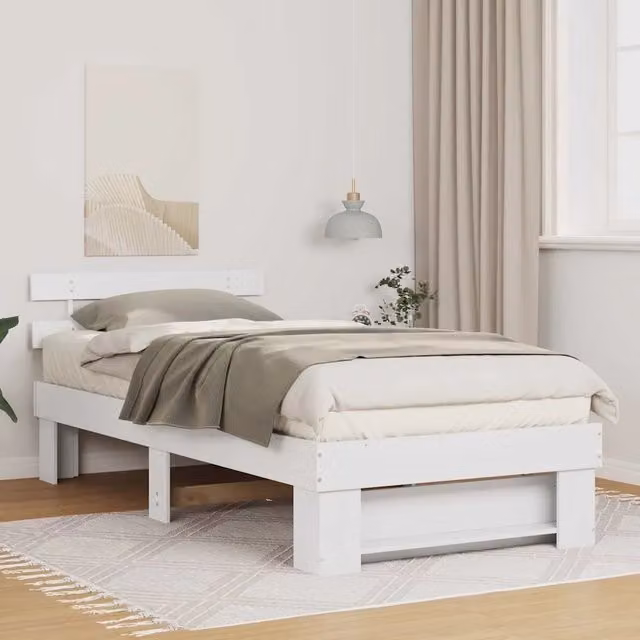 Letto in pino massello bianco con struttura, giroletto e rete a doghe fisse L/P: 90 x 190 cm