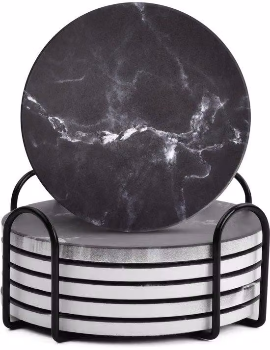 Sottobicchieri rotondi in Vetroceramica con fondo in marmo e retro in sughero, con piedino, ideali per bar, caffetterie, casa, feste, ufficio e decorazione d'interni (nero)