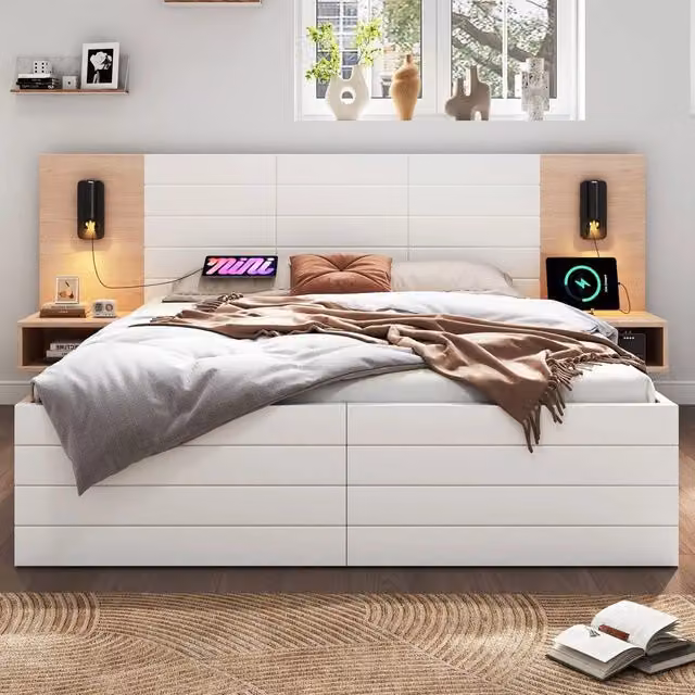 Letto matrimoniale con comodini - Xylo - 160x200 cm - Bianco - Luci di lettura e ricarica USB