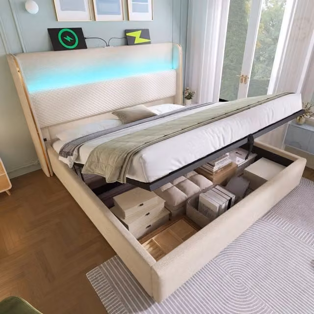 Letto singolo imbottito 160x200cm con LED e riporzione in biancheria beige