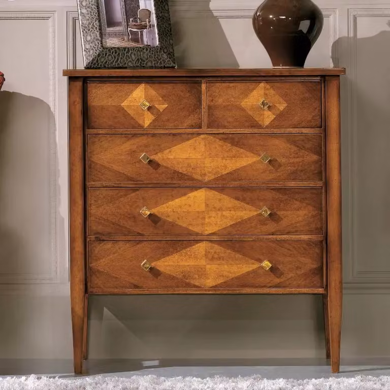 Cassettiera classica con 5 cassetti in legno intarsiato Mobili 2G L: 88 cm, P: 43 cm, H: 95 cm