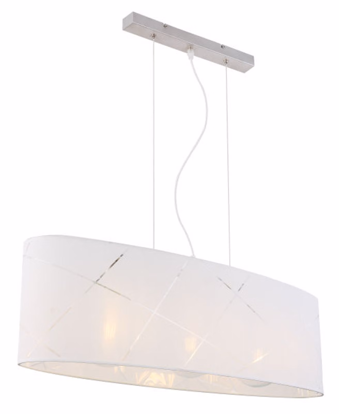 Globo Lighting lampada a sospensione in metallo nichel opaco, tessuto bianco, acrilico trasparente, cavo PVC trasparente, LxPxH: 770x230x1400mm, escl. 3x E27 40W 230V