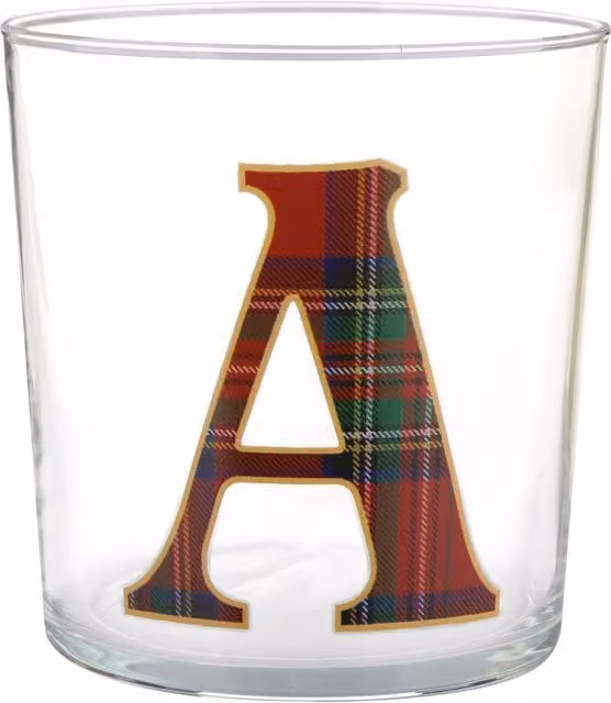Bicchiere tumbler lettera A KASANOVA in vetro rosso tartan da 360 ml