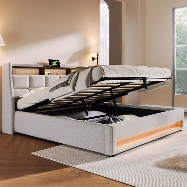 Letto Contenitore REDOM Beige con USB e Illuminazione LED L/P/H: 180 x 200 x 117 cm