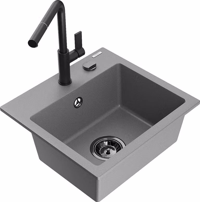 Mexen Milo lavello da cucina in granito 1-vasca con miscelatore cucina Flora, grigio - 6505-71-670401-70-B