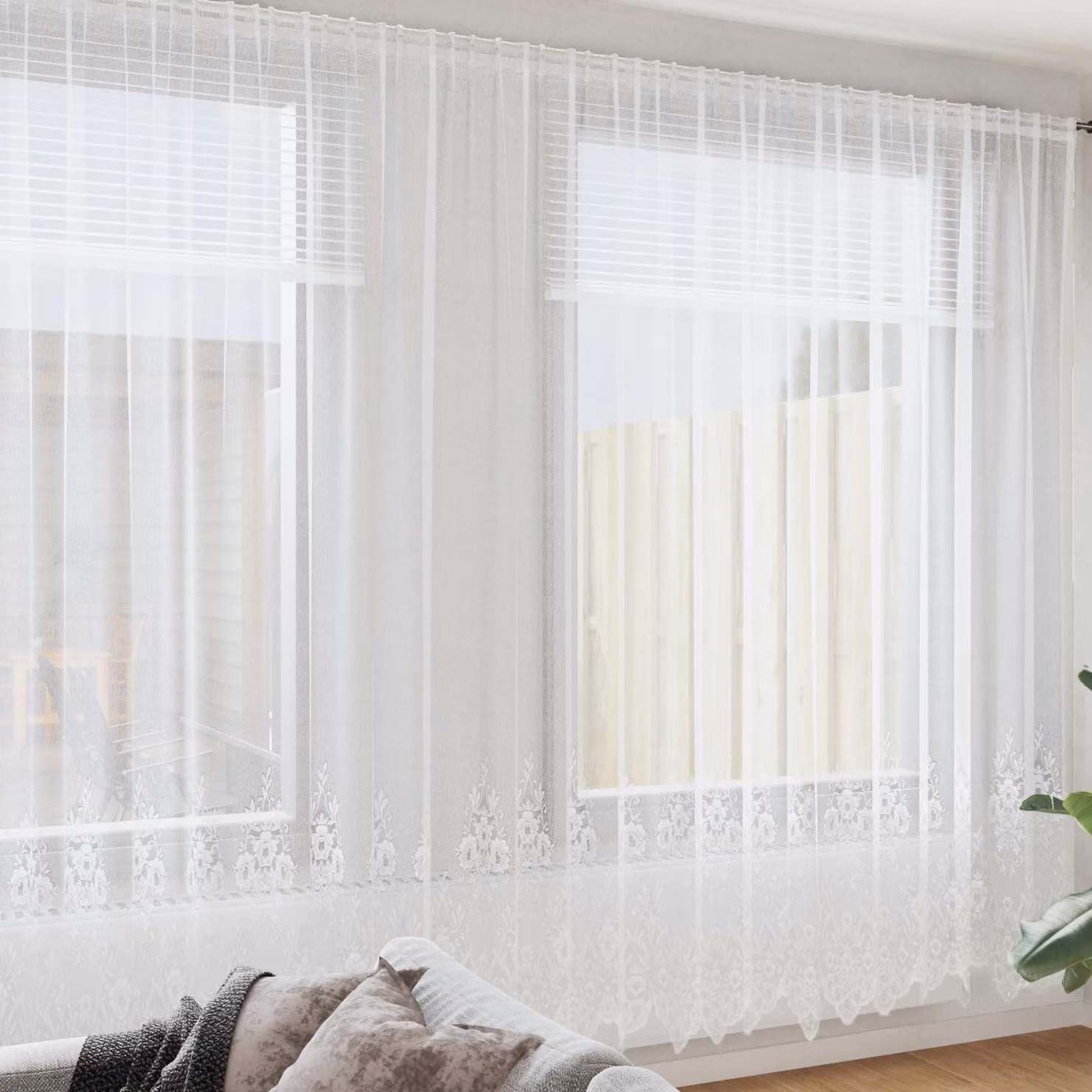 Tenda in pizzo bianca vidaXL con motivo floreale in poliestere, L: 400 cm, H: 300 cm