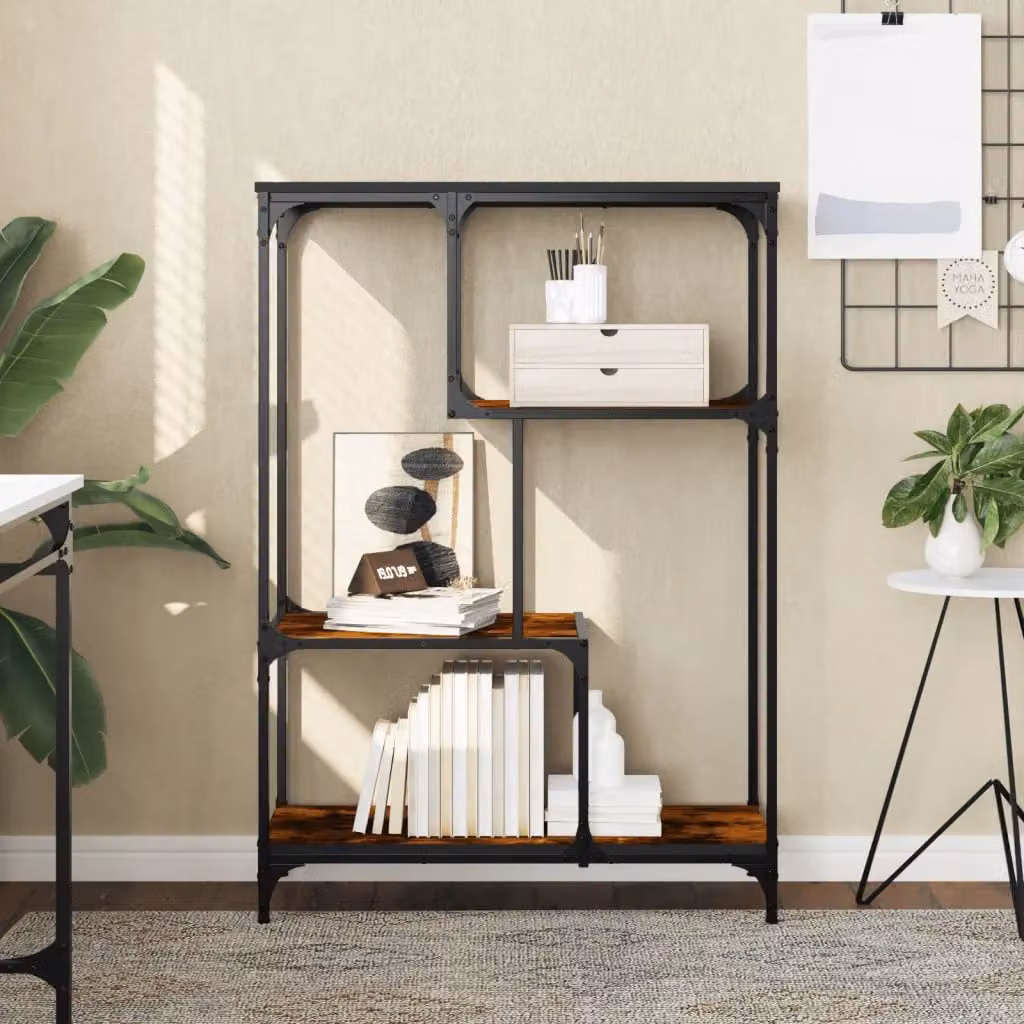 Libreria industrial vidaXL a 3 livelli con ripiani regolabili in legno e metallo, Rovere Fumo e Nero, L 81 cm x P 36 cm x H 115 cm
