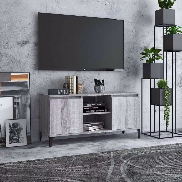 Mobile TV moderno vidaXL con gambe in metallo, Grigio Sonoma, L: 103,5 cm, P: 35 cm, H: 50 cm