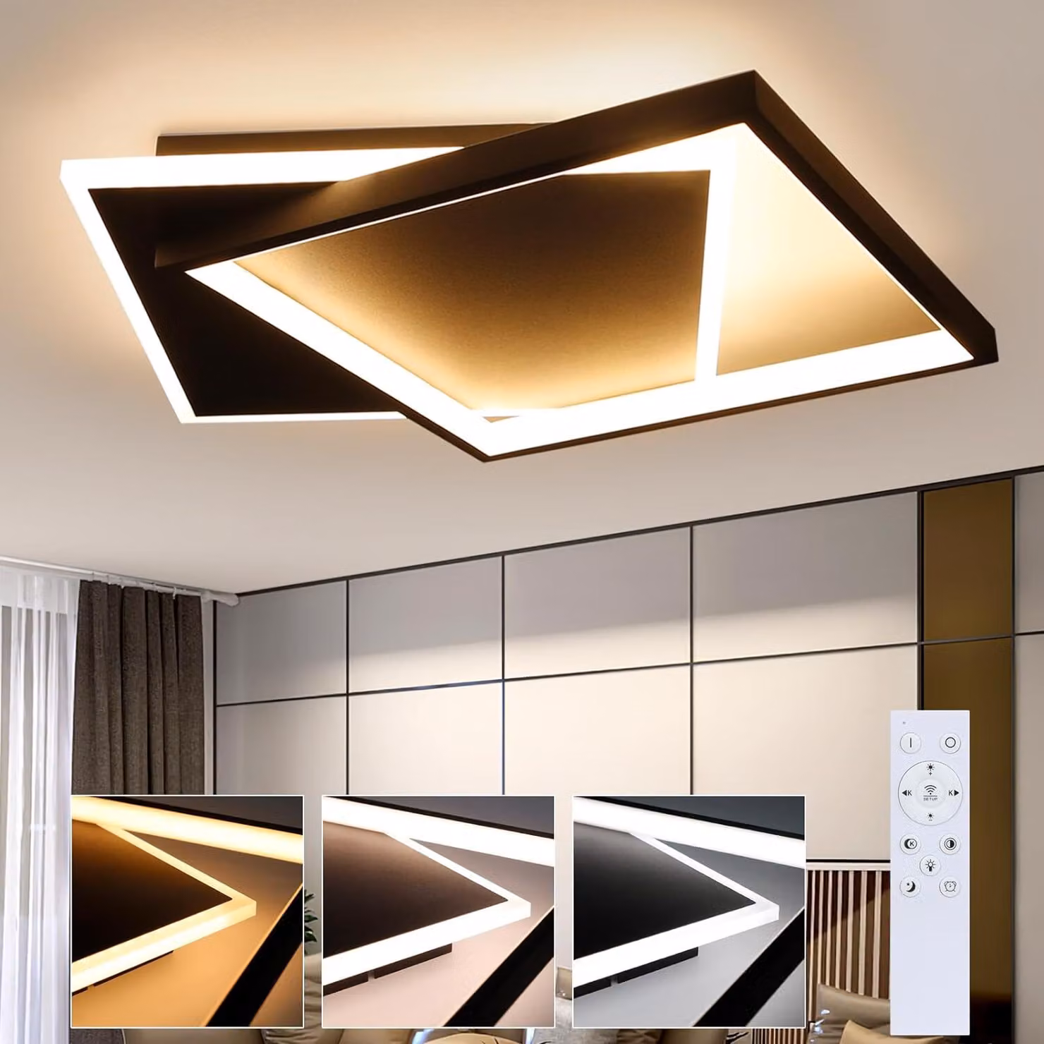 ZMH LED Plafoniera Nero Soggiorno Dimmerabile con Telecomando Lampada da soffitto 44W Quadrato Metallo per Camera da Letto Ufficio Cucina Sala da Pranzo