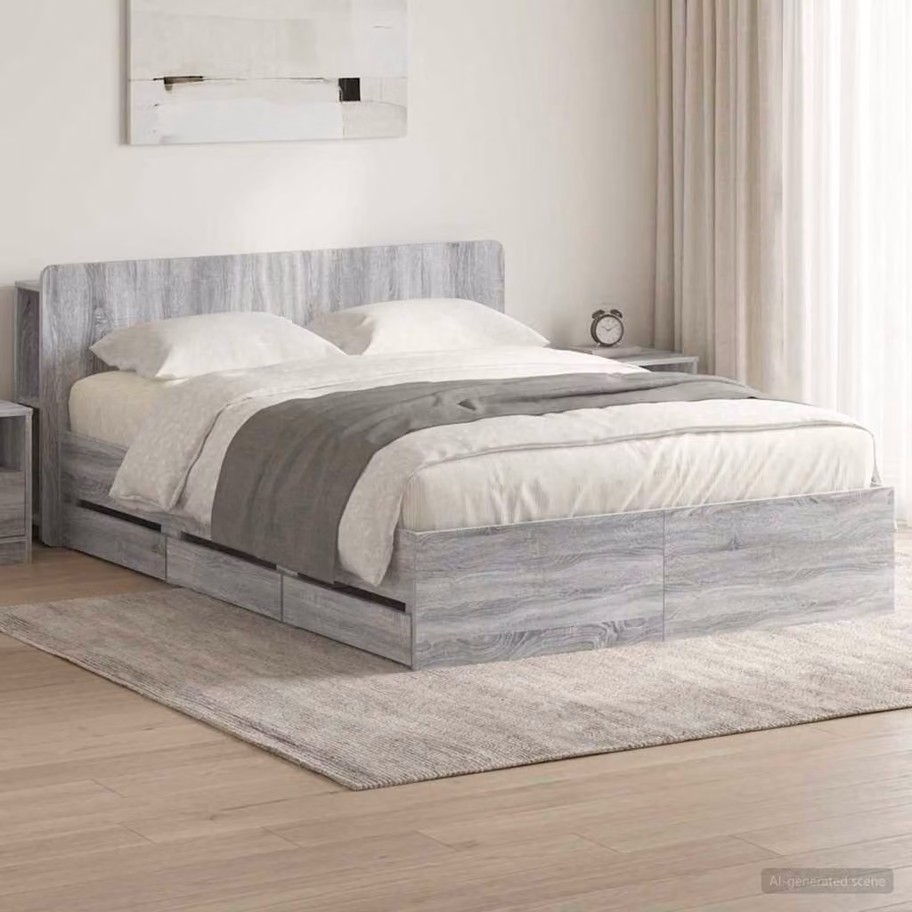 vidaXL Struttura letto con contenitore e testata in legno Sonoma grigio L/P/H: 150 x 200 x 80 cm