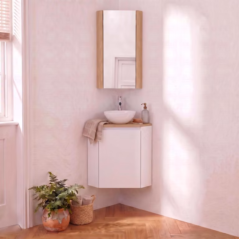 Set lavamani ad angolo con lavabo, rubinetto e pensile da bagno SORRENTO