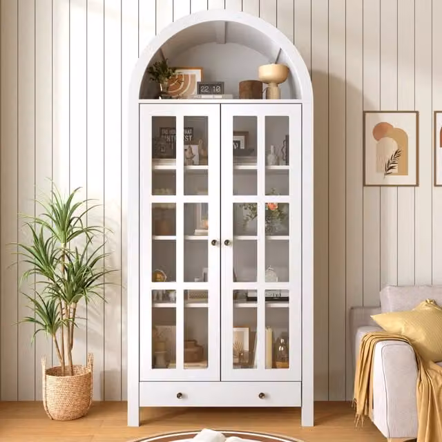Vetrina a colonna WISHDOR con ante in vetro e cassetto, mobile moderno in MDF bianco con ripiani interni, L/P/H: 75 x 35 x 170,5 cm