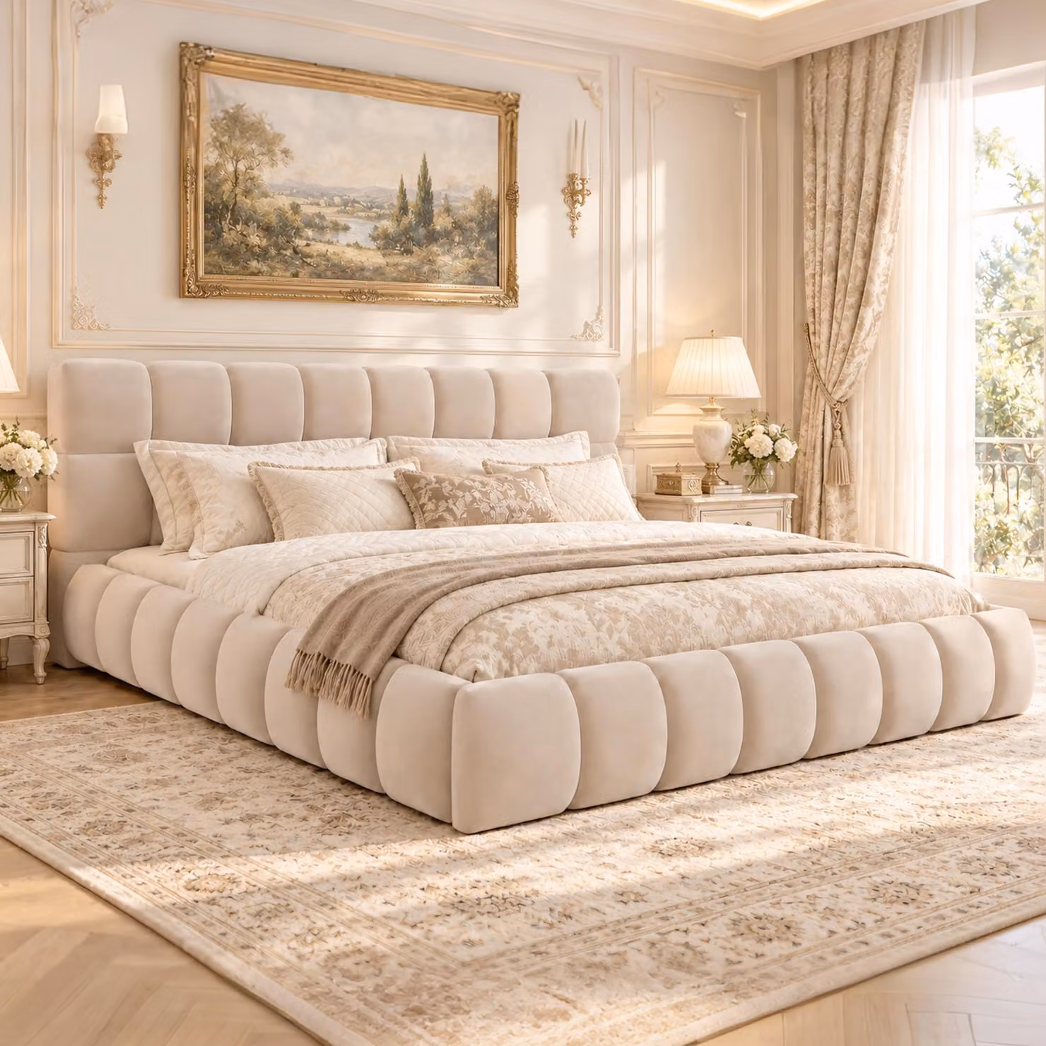 Letto imbottito 180x200 cm con testiera imbottita, superficie di appoggio integrata, 12 listelli, rivestimento in tessuto, portata massima 300 kg, colore beige/grigio