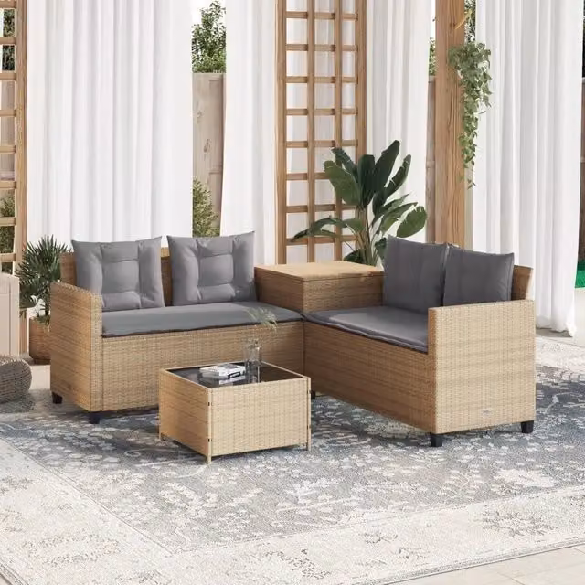 Divano da Giardino con Tavolo e Cuscini a L Beige in Polyrattan 369030