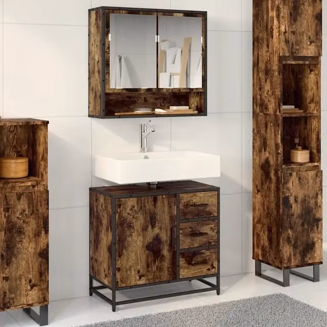 Mobile Lavabo da Bagno sospeso vidaXL in Rovere e Metallo, Colore Marrone, L 65 cm x P 33 cm x H 60 cm – 1