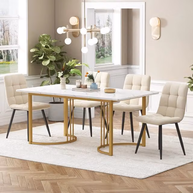Set Tavolo da Pranzo con 4 Sedie ¨C Xylo ¨C Piano MDF Bianco, Gambe Dorate, Velluto Beige, 140x80 cm