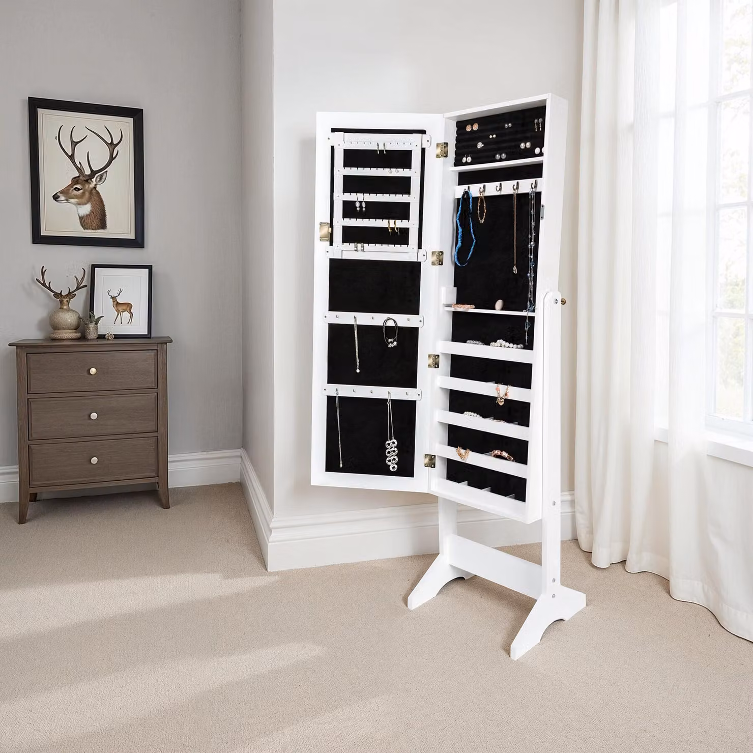Armadietto portagioie con specchio TecTake GmbH bianco con ante a battente e asta appendiabiti L/P/H: 37.0 x 12.5 x 147.0 cm – 2