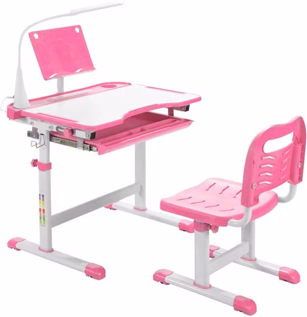 Set scrivania e sedia Design Mania per bambini con altezza regolabile e leggio inclinato, colore rosa