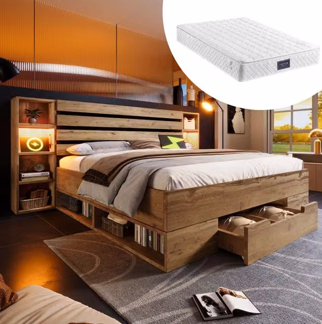 Letto matrimoniale in legno massello con contenitore, illuminazione LED, USB-C e cassetti, 160x200 cm, rovere