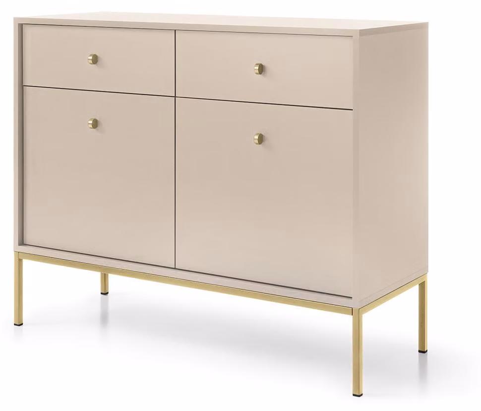 Comodino con due cassetti e due ante, color beige, maniglie dorate