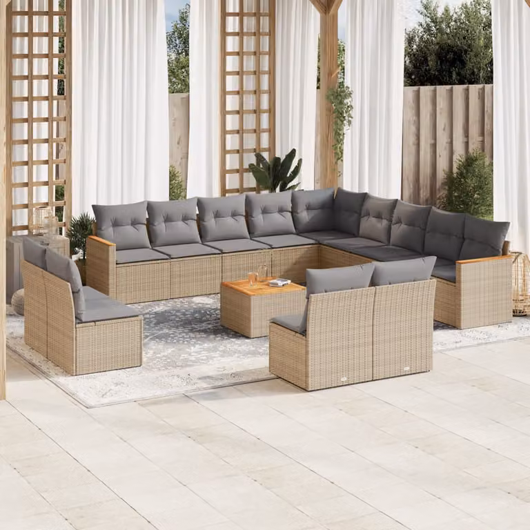 vidaXL Set Divano da Giardino a L 14 pz con Cuscini Beige e Grigio in Polyrattan e Legno di Acacia