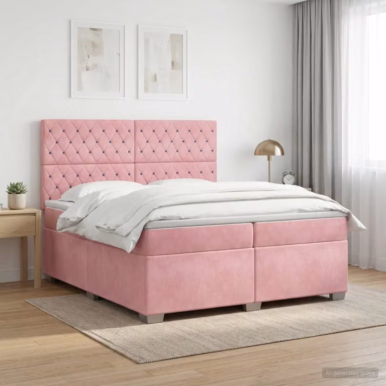 Letto box spring con materasso vidaXL in velluto rosa, dotato di illuminazione sottostante e porta di ricarica USB, L/P: 200 x 200 cm