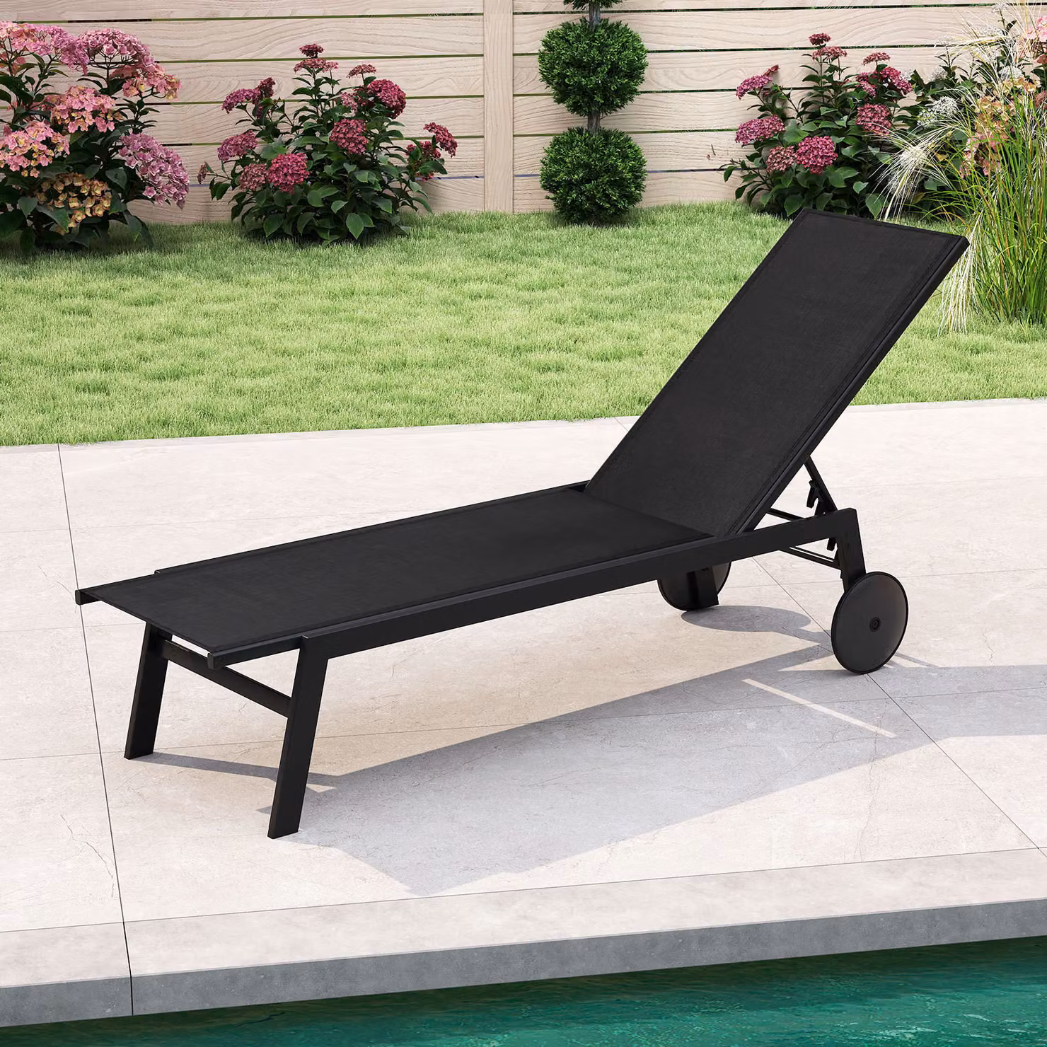 Sdraio da patio Costway reclinabile in 6 posizioni con ruote e schienale regolabile, poltrona prendisole in tessuto traspirante Textilene nero per giardino e terrazza