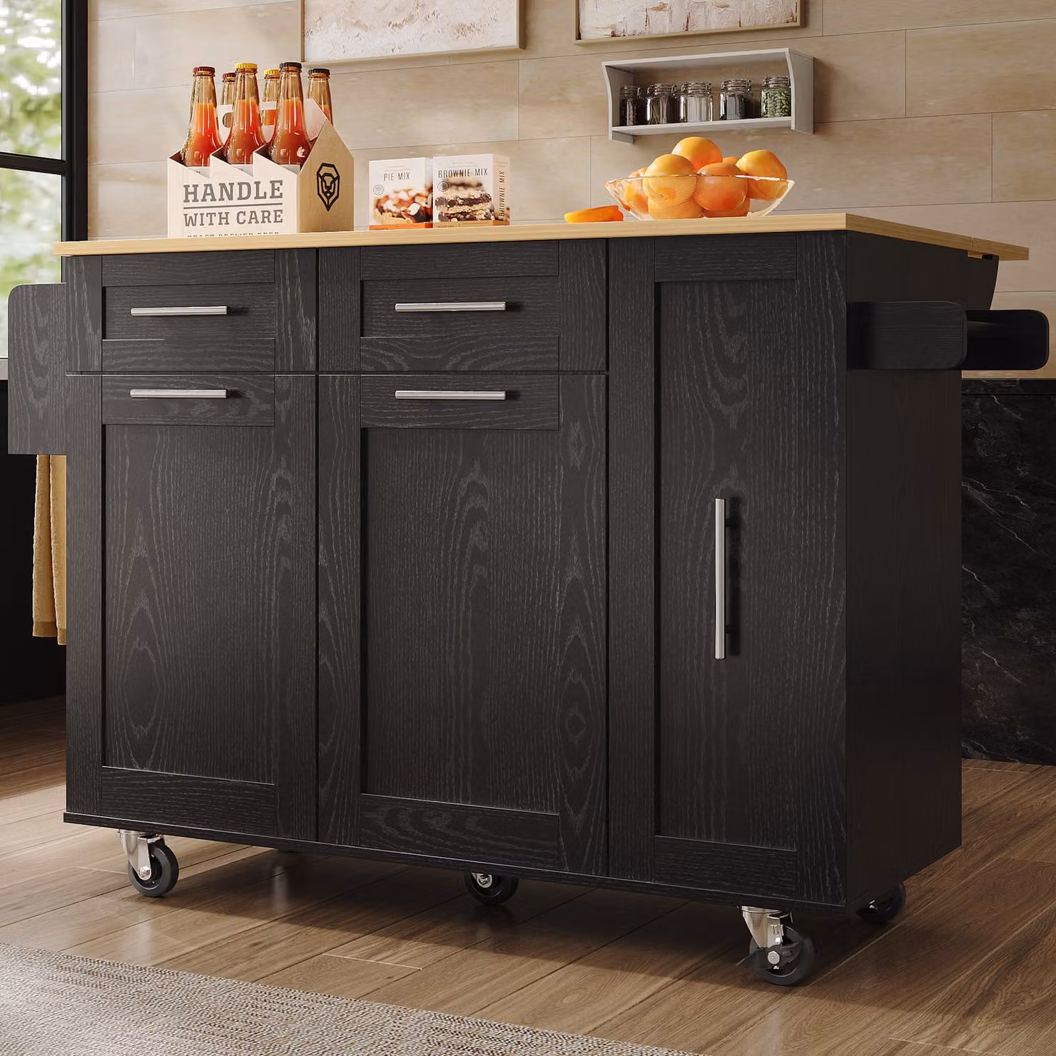 MODFU: Isola da cucina nera, carrello da cucina con piano ribaltabile, carrello di servizio su ruote, mobile da cucina multifunzionale con spazio contenitivo